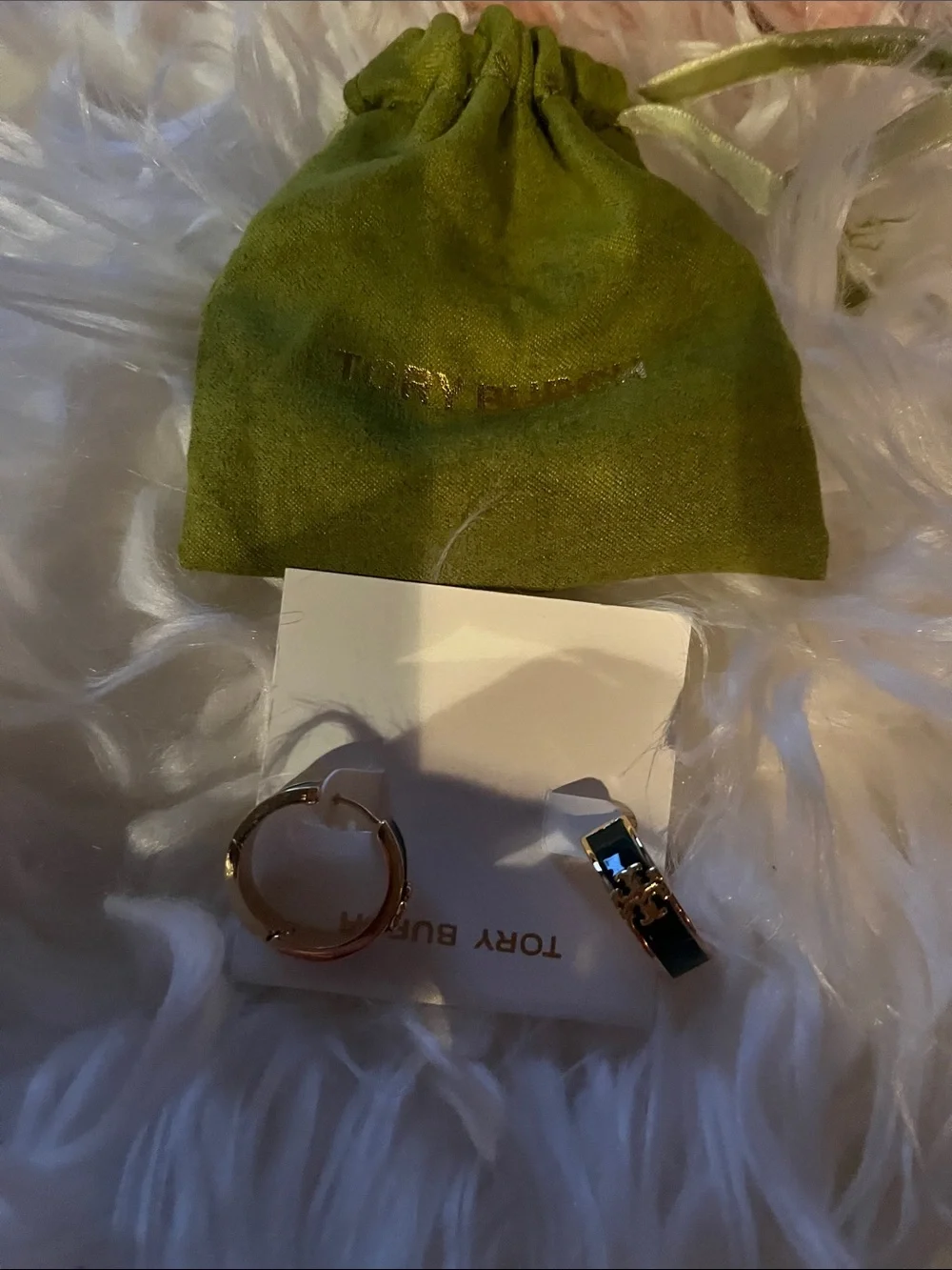 Tory Burch Gold Hoop Huggie Earrings with greenEnamel Detail